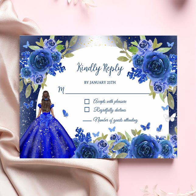 Blue Silver Rose Quinceanera Birthday RSVP Card (Creator Uploaded)