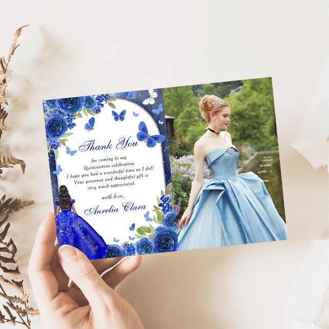 Blue Silver Rose Quinceanera Photo Thank You Card  (Creator Uploaded)