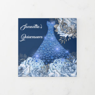 Blue silver rose womans PHOTO floral birthday Tri-Fold Invitation