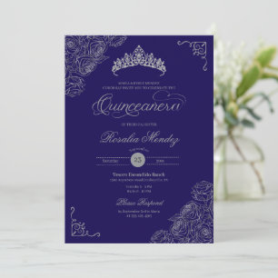 Blue & Silver Roses Elegant Quinceañera  Invitation