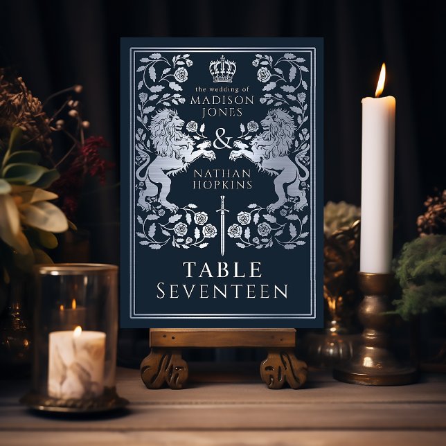Blue Silver Royal Mediaeval Lion Wedding  Table Number (Creator Uploaded)