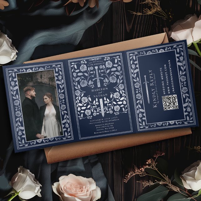 Blue Silver Royal Mediaeval Sword Wedding QR Code Tri-Fold Invitation (Creator Uploaded)