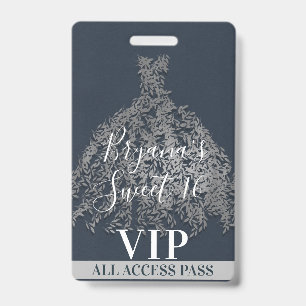 Blue Silver Rustic Leaves Dress Sweet 16 VIP Pass ID Badge