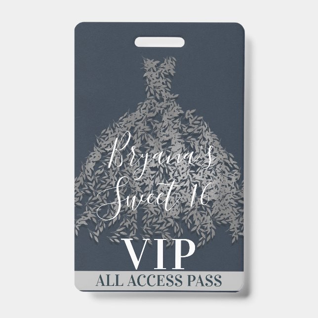 Blue Silver Rustic Leaves Dress Sweet 16 VIP Pass ID Badge (Front)