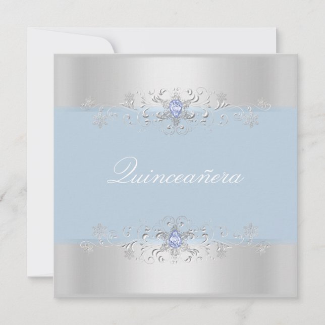 Blue & Silver Snow Gem Quinceanera Invite (Front)