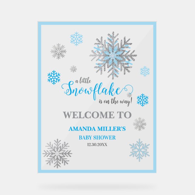 Blue Silver Snowflake Baby Shower Acrylic Sign  (Front)
