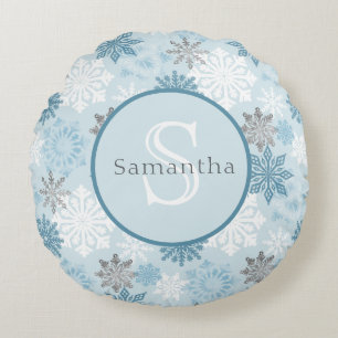 Blue & Silver Snowflake Personalised Monogram Round Cushion