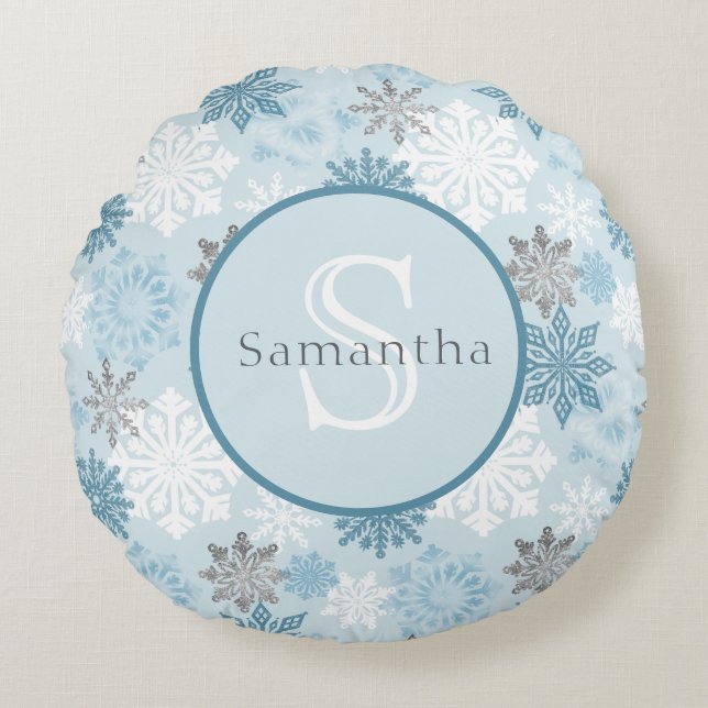 Blue & Silver Snowflake Personalised Monogram Round Cushion (Front)