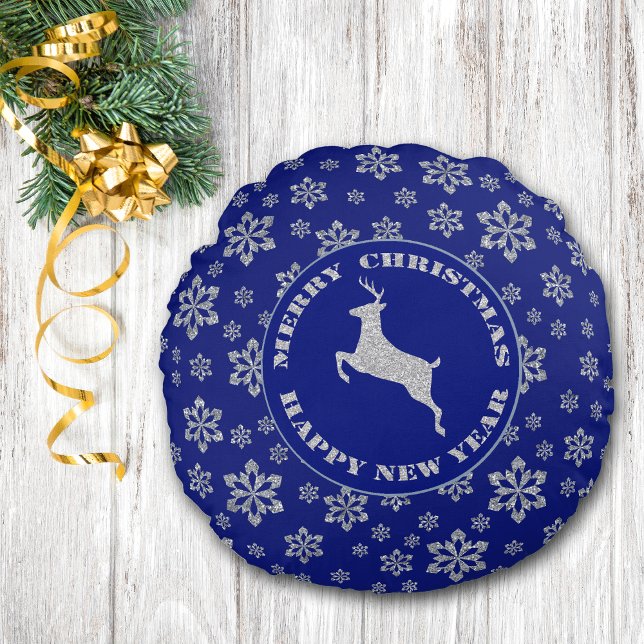 Blue Silver Snowflake Reindeer Round Cushion (Creator Uploaded)