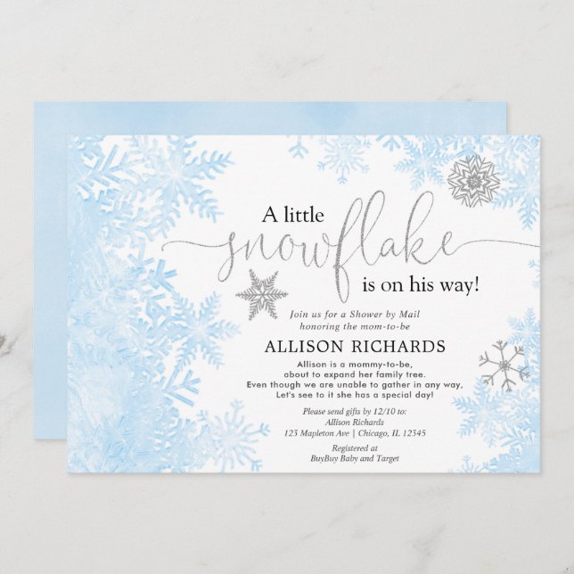 Blue silver snowflake Shower by Mail baby shower Invitation (Front/Back)