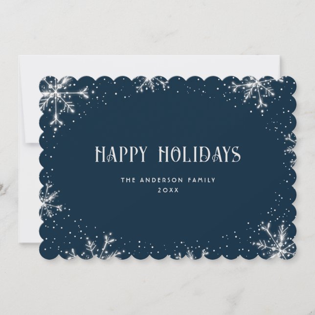 Blue Silver Snowflake Snow Happy Holidays Card (Front)