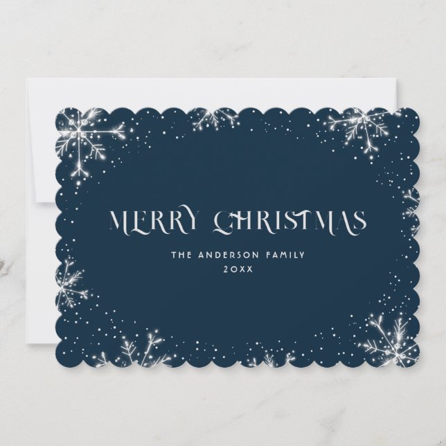 Blue Silver Snowflake Snow Merry Christmas Card (Front)