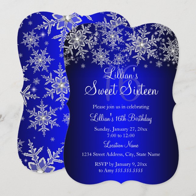 Blue Silver Snowflake Sweet 16 Invitation (Front/Back)
