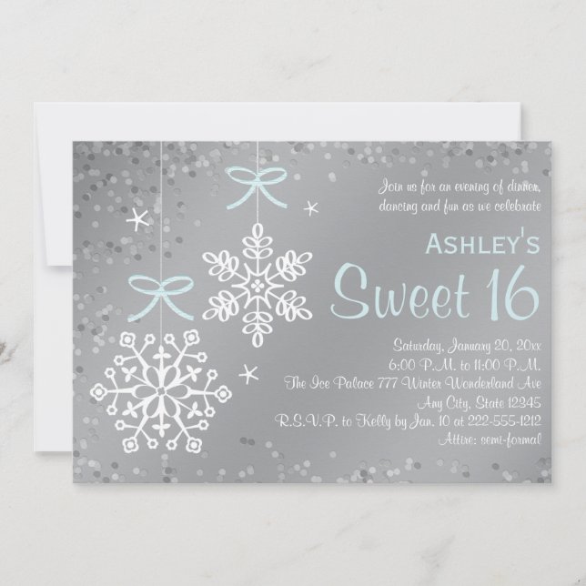 Blue Silver Snowflake Sweet Sixteen Invitations (Front)