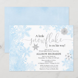 Blue silver snowflake Virtual boy baby shower Invitation