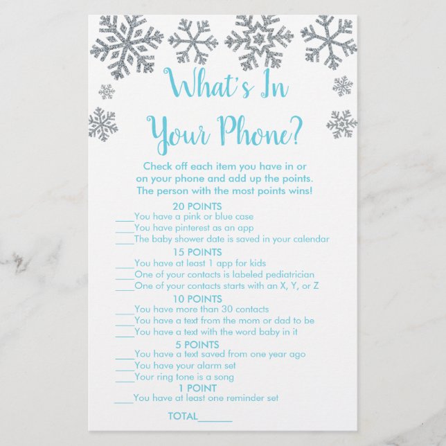 Blue & Silver Snowflake What's In Your Phone Game (Front)