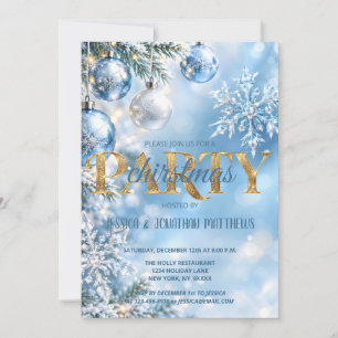 Blue Silver Snowflake Winter Christmas Party Invitation