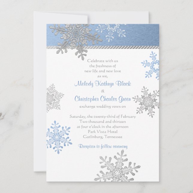 Blue Silver Snowflake Winter Wedding Invitation (Front)