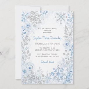 Blue Silver Snowflakes Floral Winter Sweet 16 Invitation