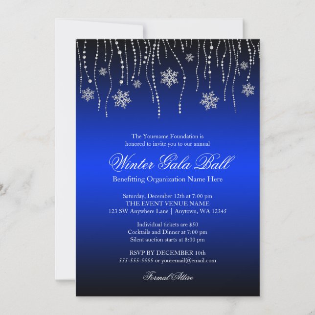 Blue Silver Snowflakes Gala Ball Invitations (Front)