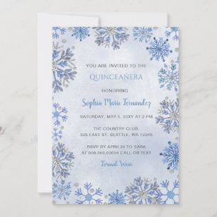Blue Silver Snowflakes Glitter Winter Quinceañera Invitation