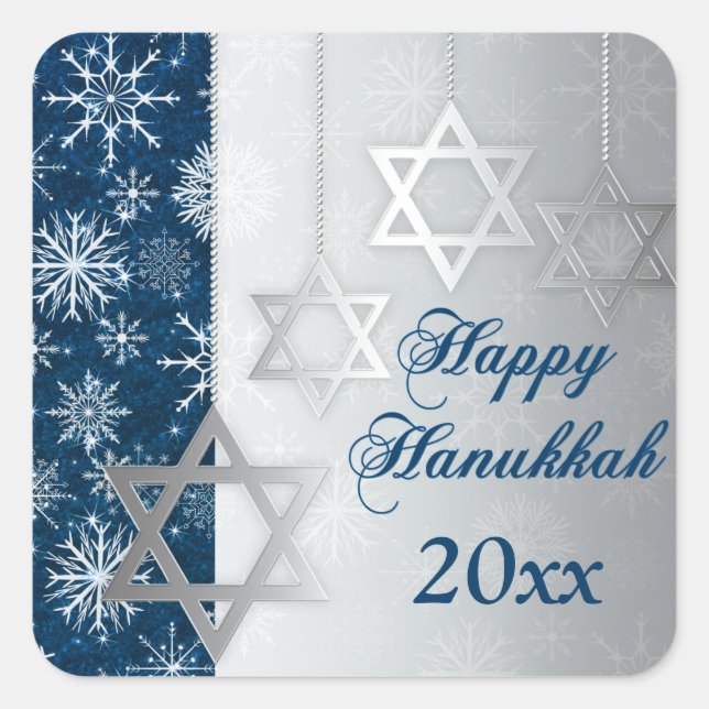 Blue, Silver Snowflakes Happy Hanukkah Sticker (Front)