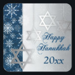 Blue, Silver Snowflakes Happy Hanukkah Sticker<br><div class="desc">This elegant and festive blue,  white and silver grey "Happy Hanukkah" sticker has glittering points of light,  snowflakes,  and four silver Stars of David ornaments on it that matches the Hanukkah invitation shown below. If you need assistance,  email niteowlstudio@gmail.com.</div>