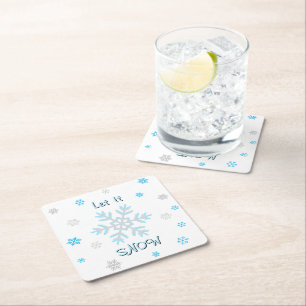 Blue Silver Snowflakes Let it Snow Square Paper Coaster