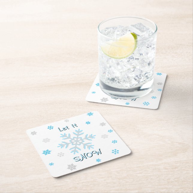 Blue Silver Snowflakes Let it Snow Square Paper Coaster (Insitu)