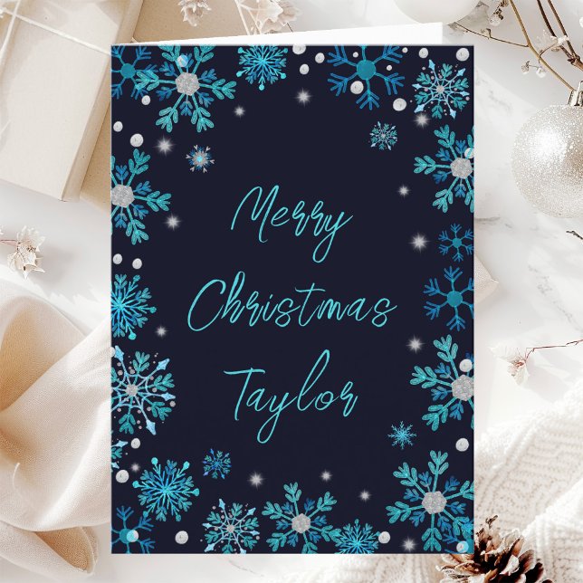Blue Silver Snowflakes Merry Christmas with Name Holiday Card (Creator Uploaded)