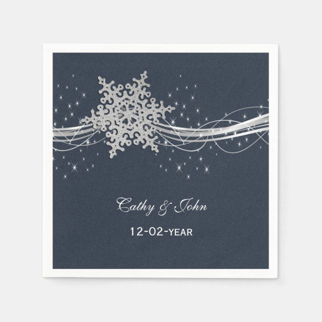 Blue Silver Snowflakes personalised wedding napkin (Front)