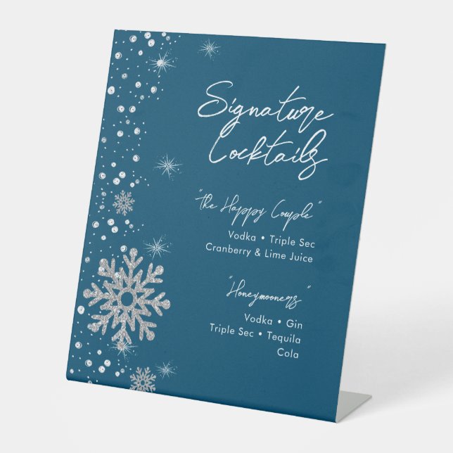 Blue Silver Snowflakes Signature Cocktail Menu Pedestal Sign (Front)