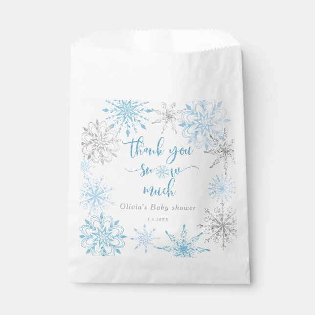 Blue silver snowflakes Thank you snow much Favour Bags (Front)
