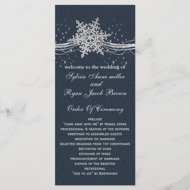 Blue Silver Snowflakes wedding programs tea length Programme (Front)