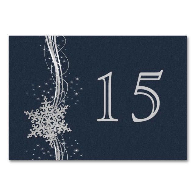 Blue Silver Snowflakes wedding table numbers (Front)