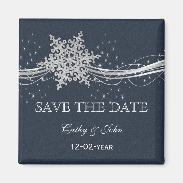 Blue Silver Snowflakes Winter save the Date Magnet (Front)