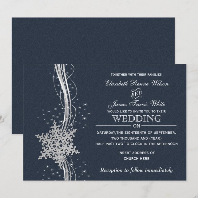 Blue Silver Snowflakes Winter wedding invitations (Front/Back)