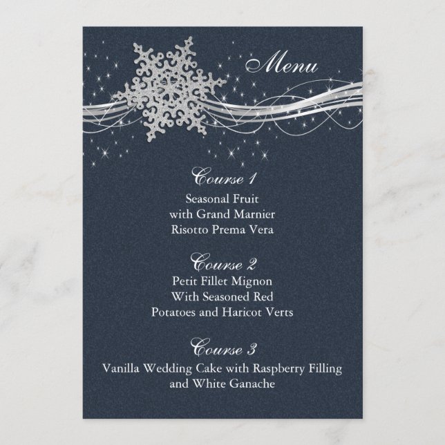 Blue Silver Snowflakes Winter wedding menu cards (Front)