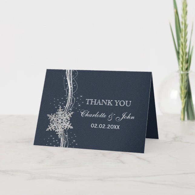 Blue Silver Snowflakes Winter wedding Thank You Card (Front)