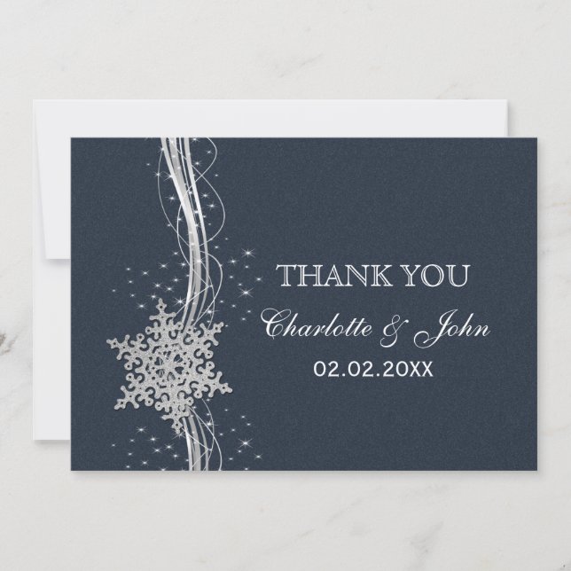 Blue Silver Snowflakes Winter  wedding Thank You Invitation (Front)