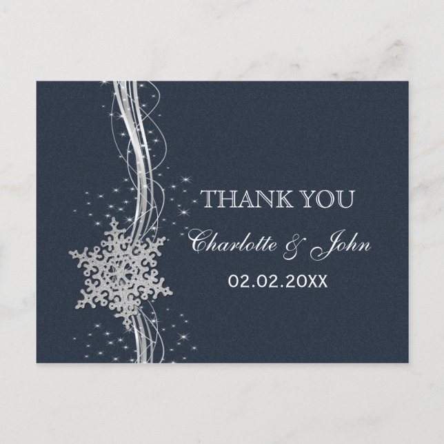 Blue Silver Snowflakes Winter wedding Thank You Postcard (Front)