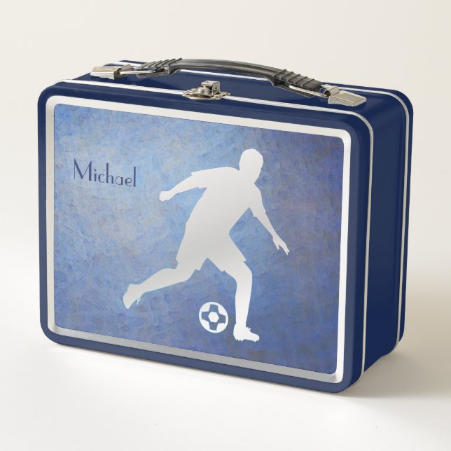 Blue Silver Soccer Player Metal Lunch Box (Front)