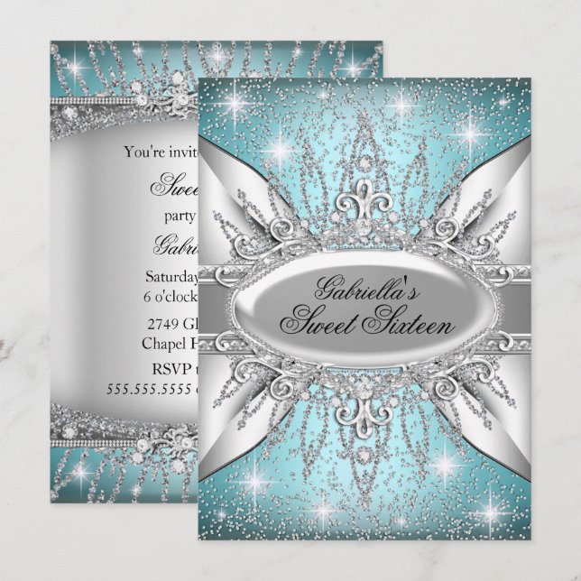 Blue & Silver Sparkle Diamond Sweet 16 Invite (Front/Back)