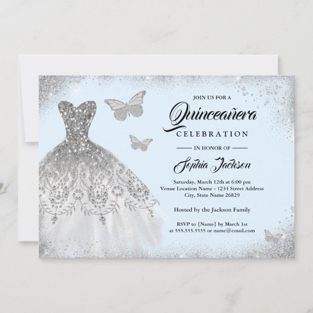 Blue Silver Sparkle Dress Butterfly Quinceanera Invitation (Front)