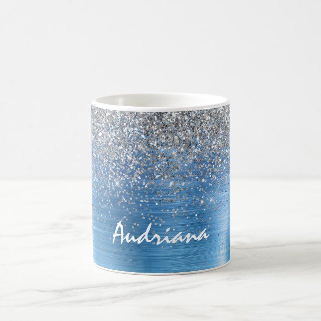 Blue Silver Sparkle Glitter personalised Coffee Mug (Center)