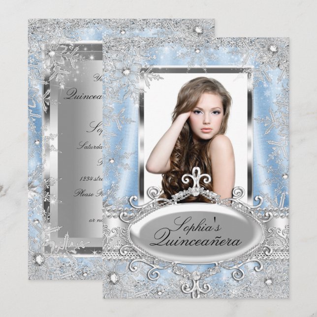 Blue Silver Sparkle Jewel Snowflake Quinceanera Invitation (Front/Back)