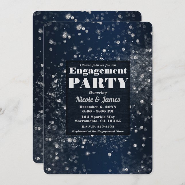 Blue & Silver Sparkling Lights Glam Engagement Invitation (Front/Back)