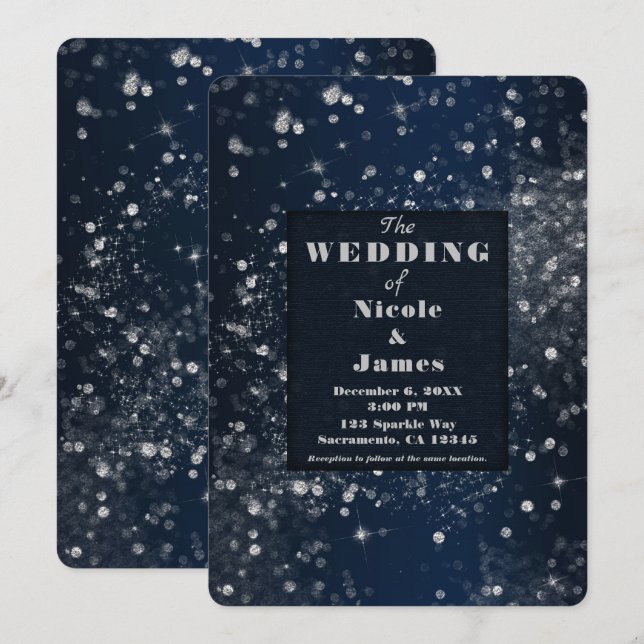Blue & Silver Sparkling Lights Glam Wedding Invitation (Front/Back)