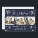 Blue Silver Sparkly Snowflake Photo Collage Holiday Card<br><div class="desc">Cute blue photo collage Merry Christmas and Happy New Year card featuring snowflakes and stars on the front and falling snow at the back. Easily personalise this elegant holiday card with your photos and text.</div>