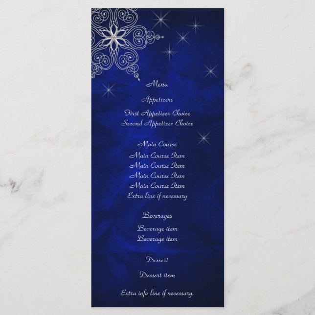Blue Silver Star Snowflake Wedding Menu Rack Card (Front)